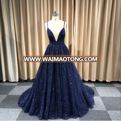 Beautiful Navy  Long A-line Girls Party Dress Spaghetti Straps Sparkle Backless Evening Dress 2018