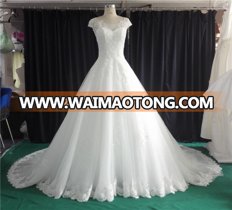 A-Line Short Sleeves Brush Train Lace Bateau Chiffon Wedding Dresses