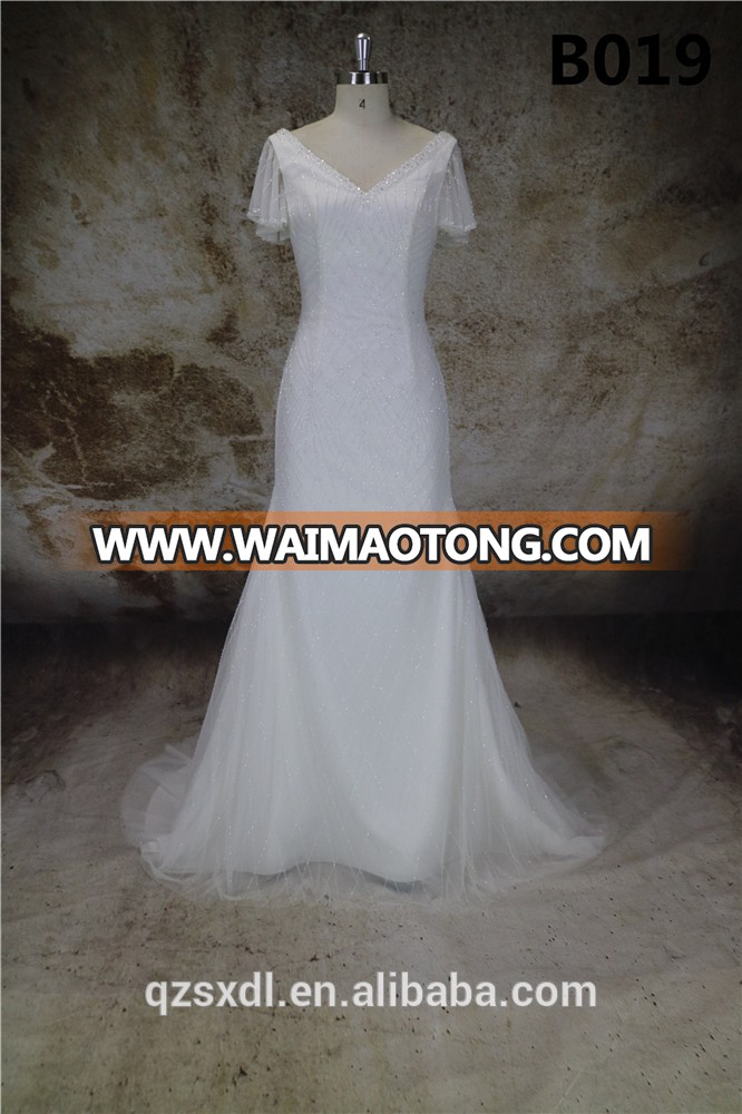 New Design Half Sleeve Satin Applique Pleats Lace A-Line V-Neck Wedding Dress